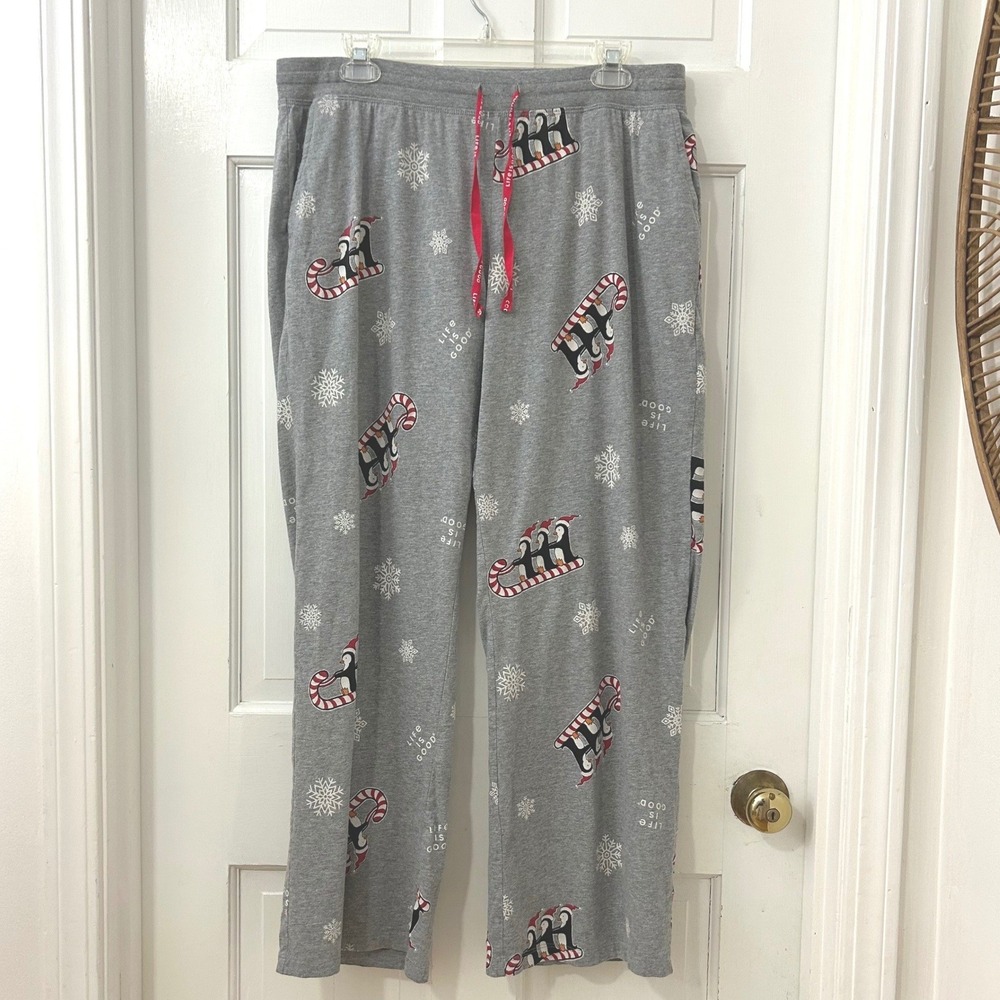 Life is Good Lg Penguin Sleigh Snowflakes Wide Leg Pajama Pants Christmas